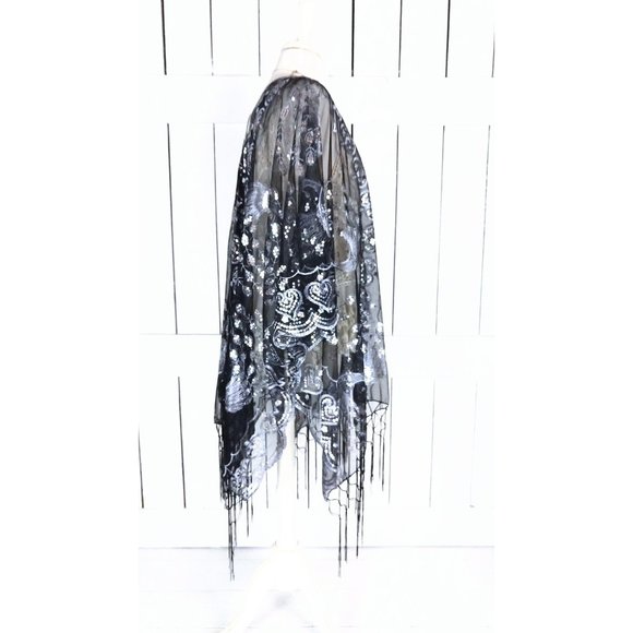 Sheer black net metallic silver sequin peacock fringe gypsy festival kimono/bead - Picture 4 of 5